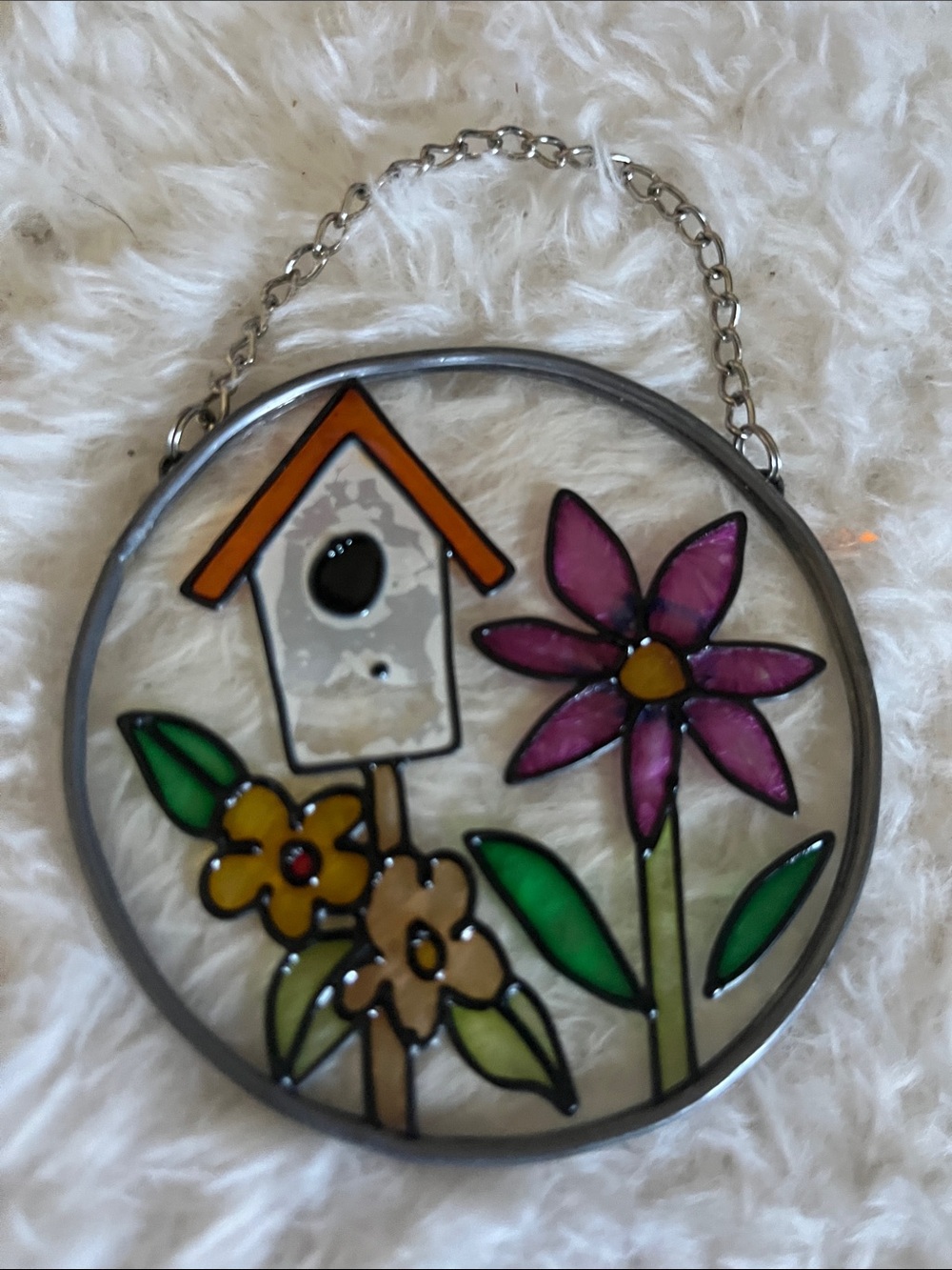 Round Stained Glass Birdhouse Wall Art - Pink & Green